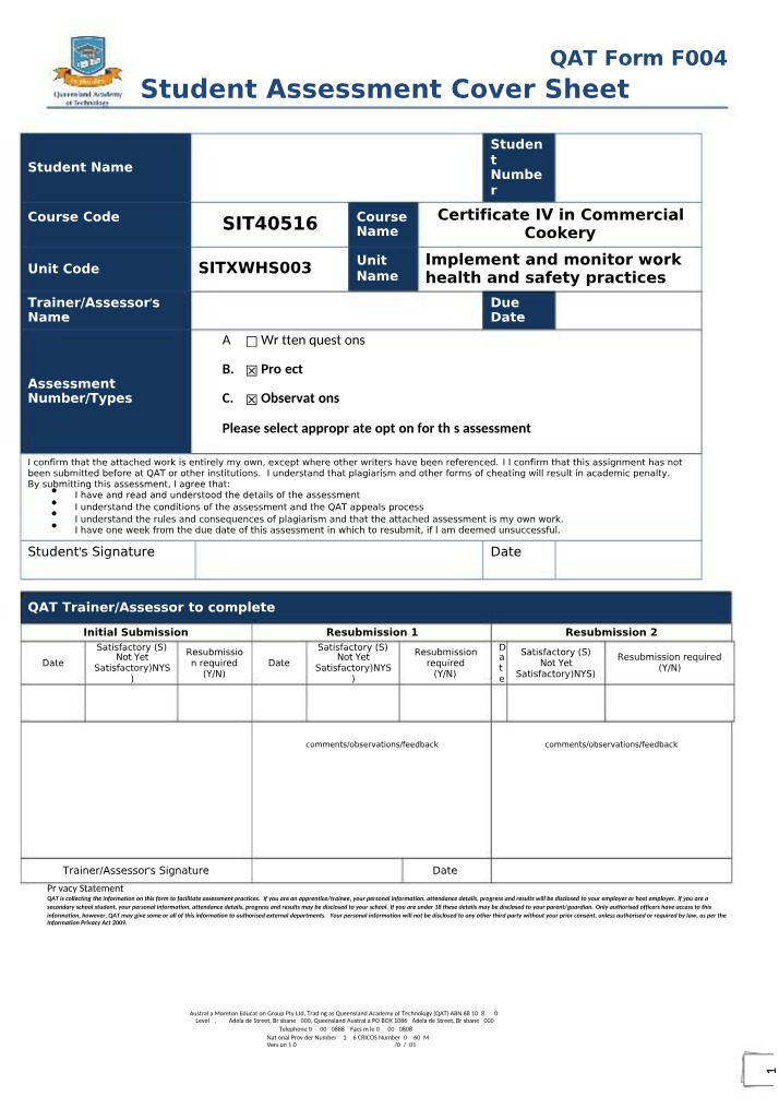 Work Health and Safety Practices - Implementation and Monitoring Assessment