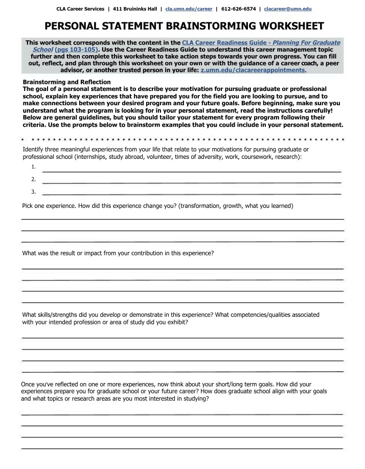 Brainstorming Worksheet for Personal Statements