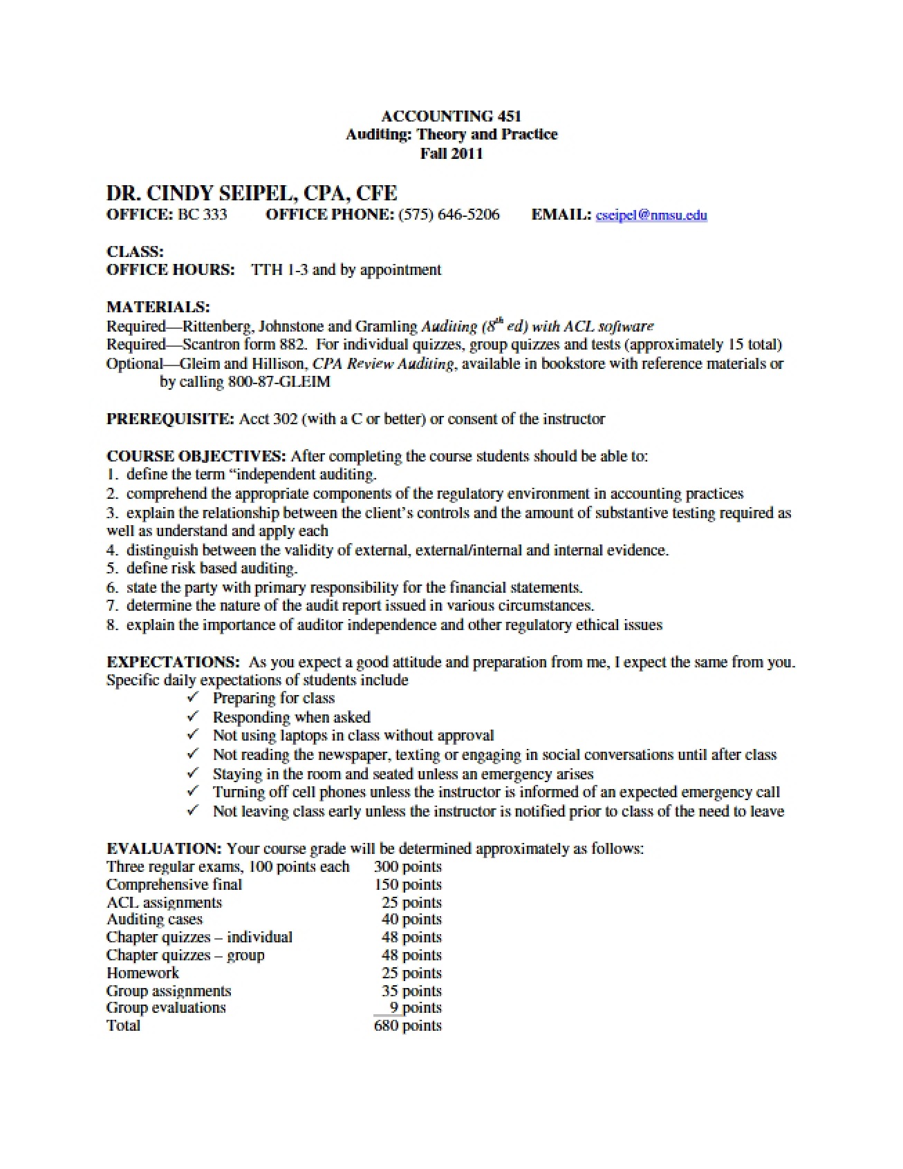 Auditing Theory and Practice Syllabus from Fall 2011 by Dr. Cindy Seipel