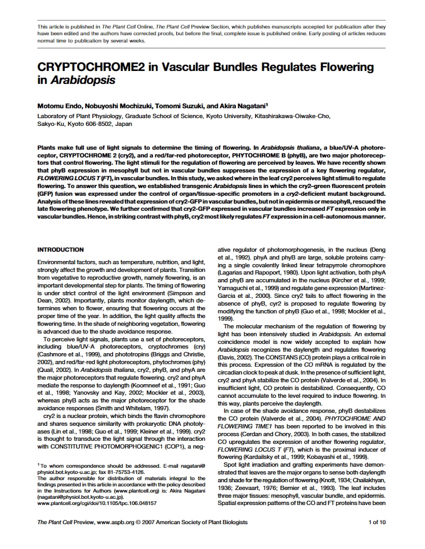 Regulation of Flowering in Arabidopsis by Cryptochrome2 in Vascular Bundles