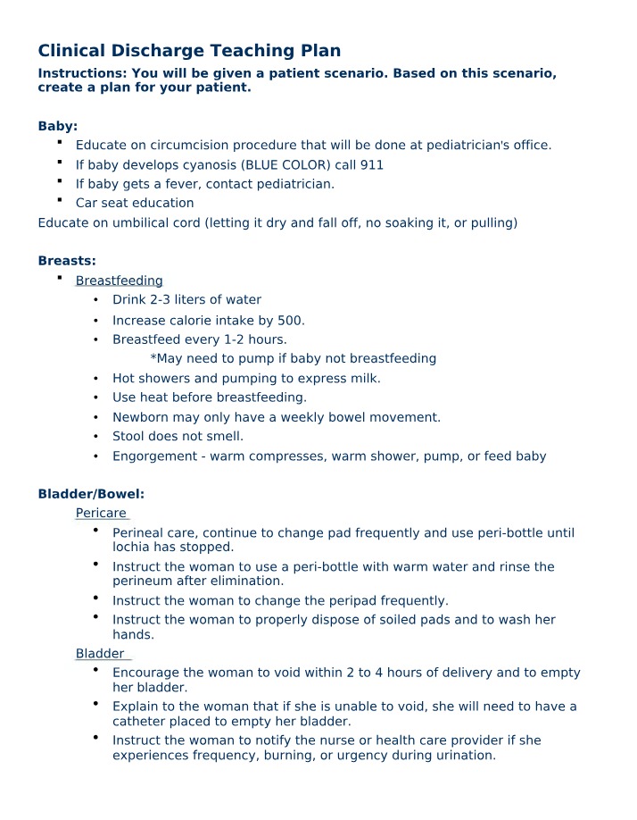 Teaching Plan for Clinical Discharge - Baby, Breastfeeding, Pericare