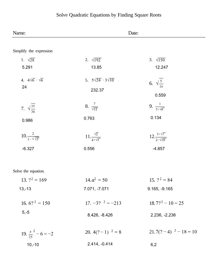 Quadratic Equations Worksheet - Finding Square Roots