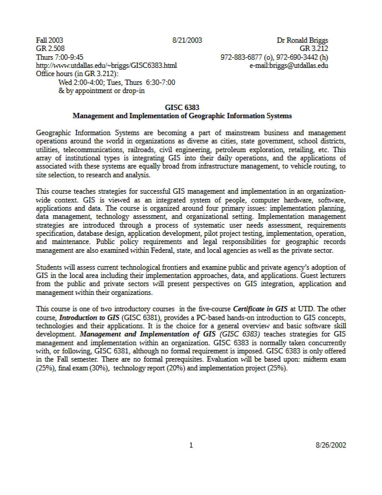 Syllabus GIS Management and Implementation - 4 Pages