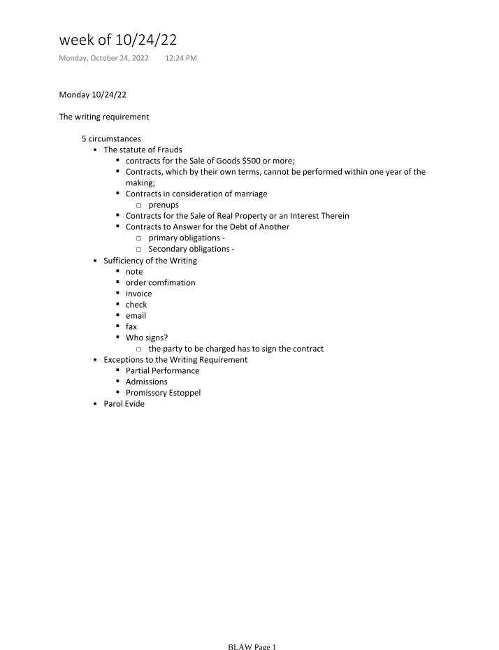 The Writing Requirement for Contracts and Exceptions to the Statute