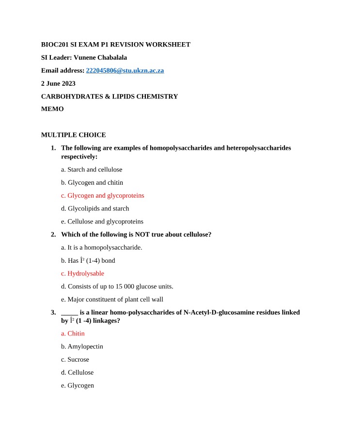 BIOC201 Revision Worksheet Memo - SI Exam P1