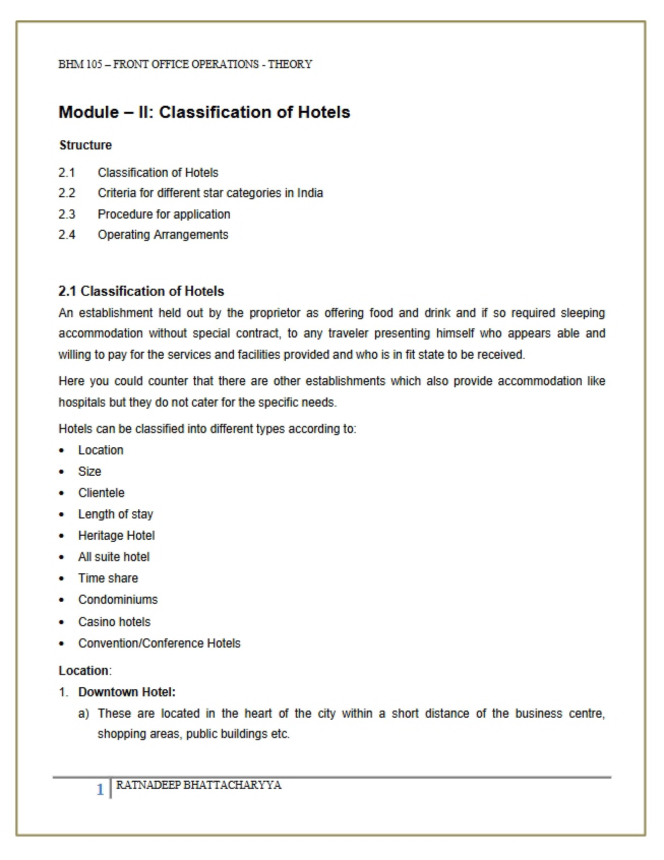 Classification of Hotels