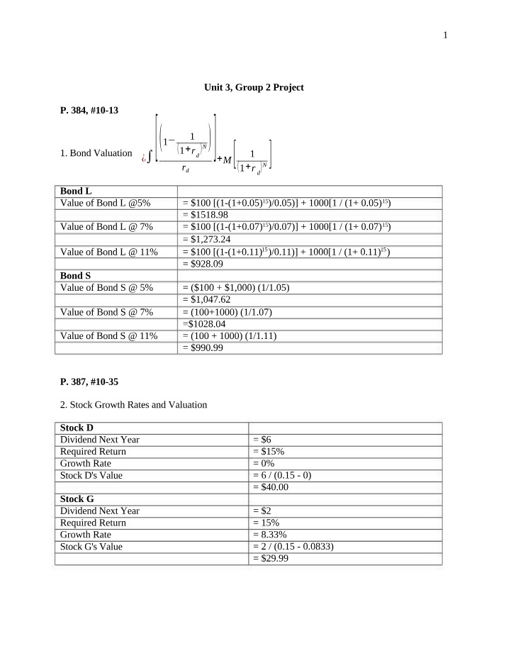 Calculating Bond Valuation and Stock Growth Rates
