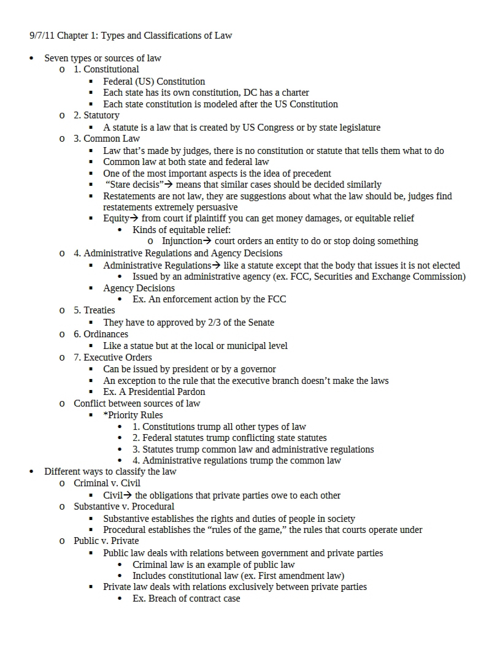 Types and Classifications of Law (Chapter 1)