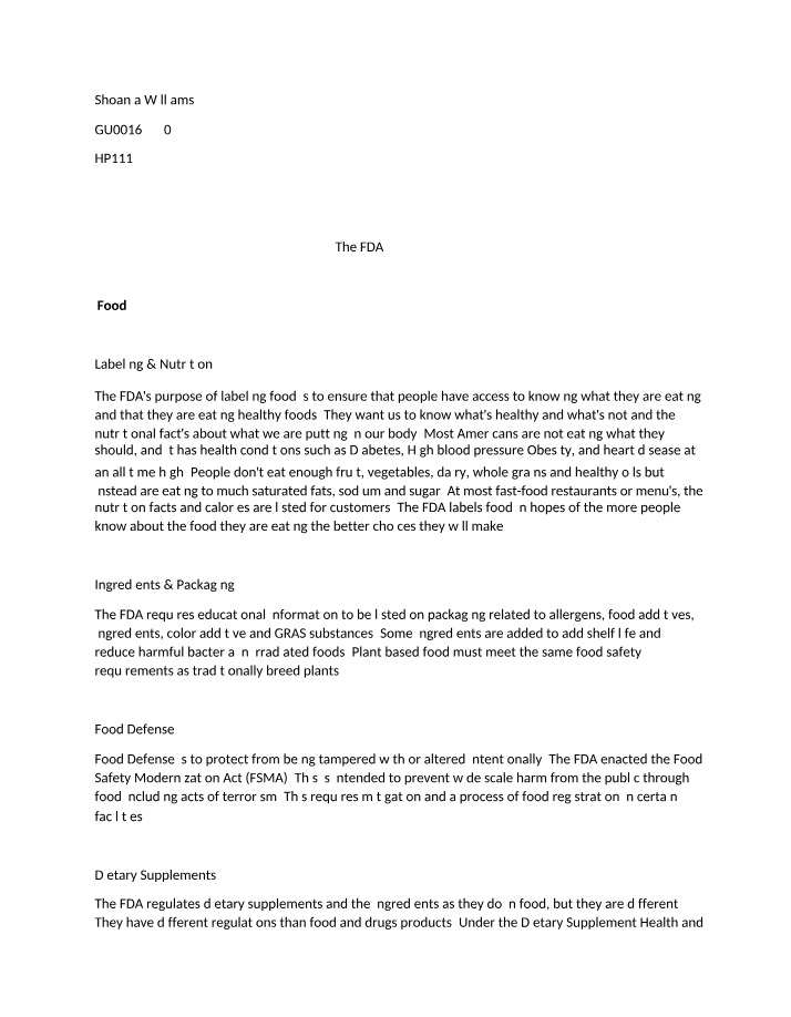 FDA Role in Food Safety, Nutrition, and Labeling