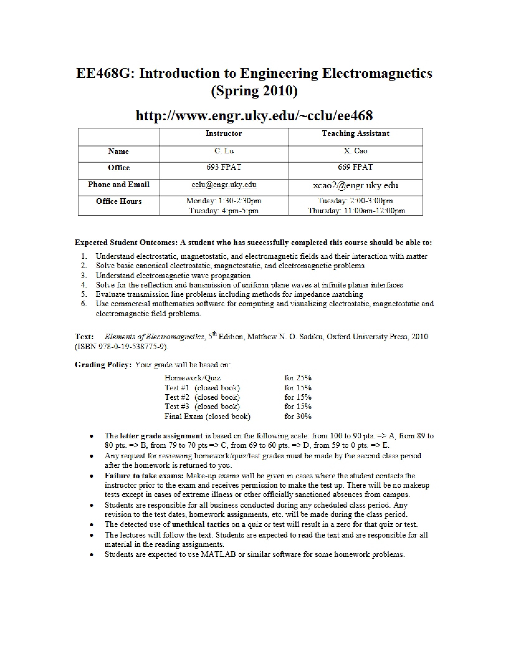 Syllabus for Engineering Electromagnetics