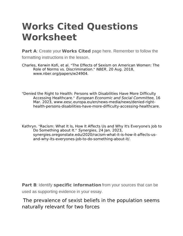 Works Cited - Practice Questions Worksheet