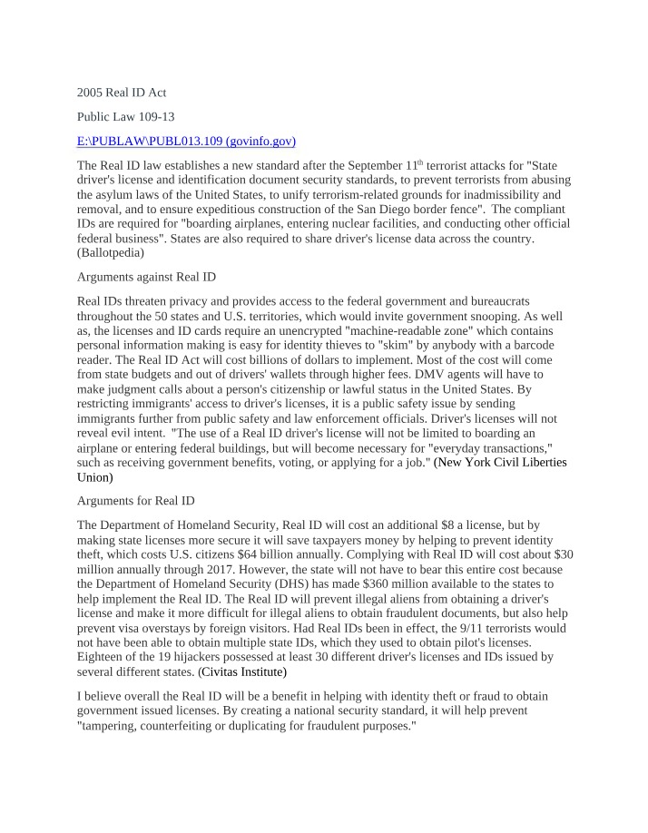 Real ID Act of 2005 Analysis - Pros and Cons