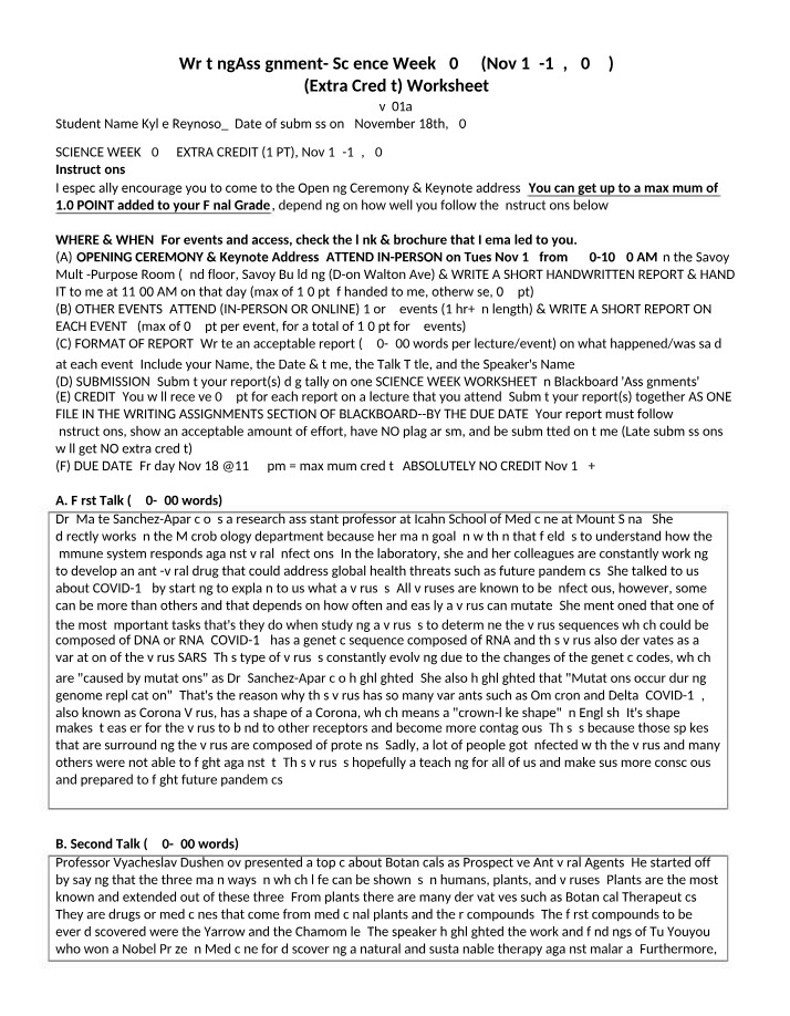 Worksheet for Science Week 2022 Extra Credit Assignment