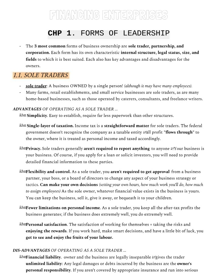 Sole Traders - Forms of Leadership in Financing Enterprises