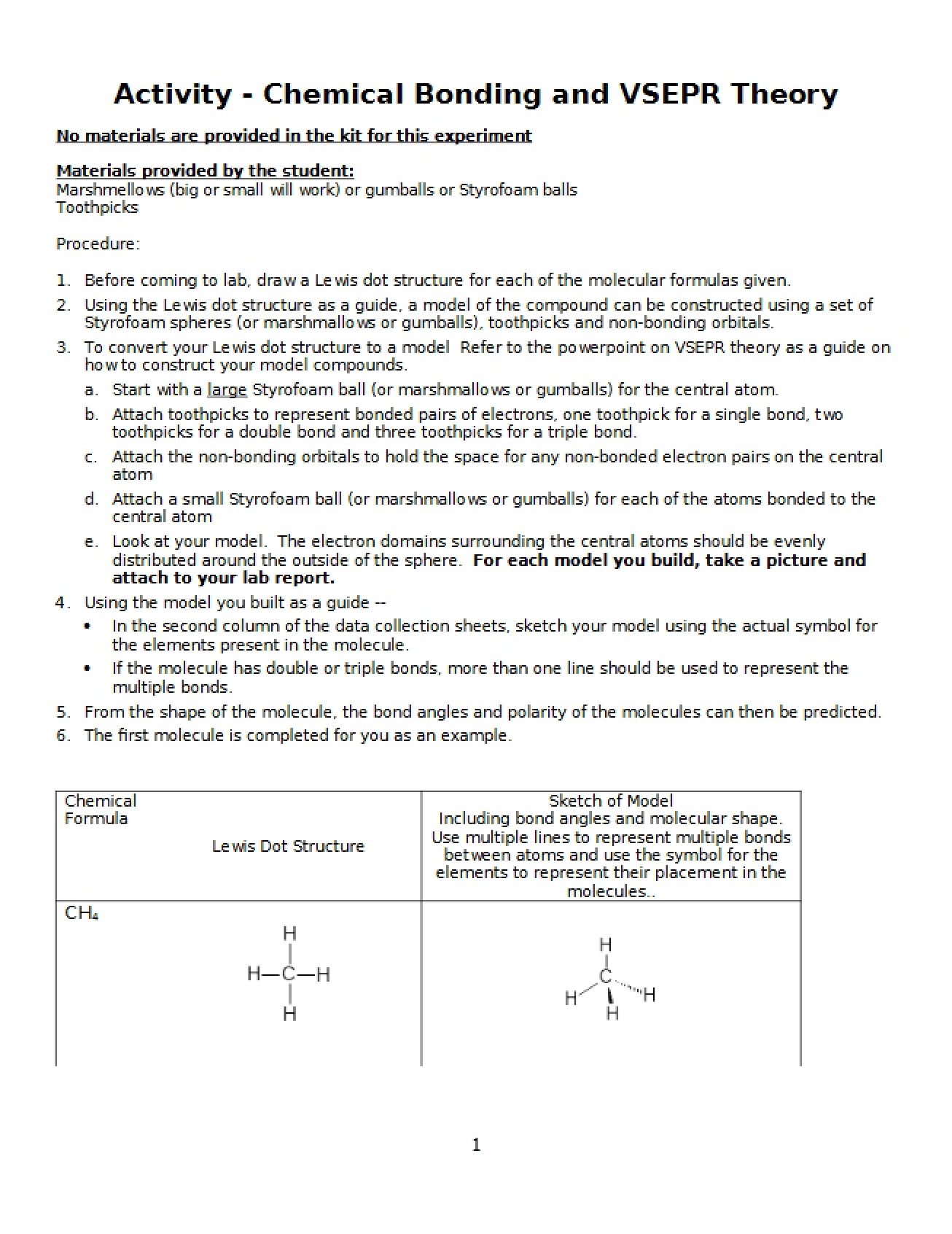VSEPR Theory and Chemical Bonding Activity