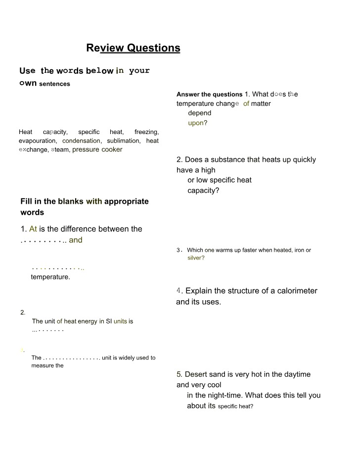 Review Problems on Temperature Change of Matter