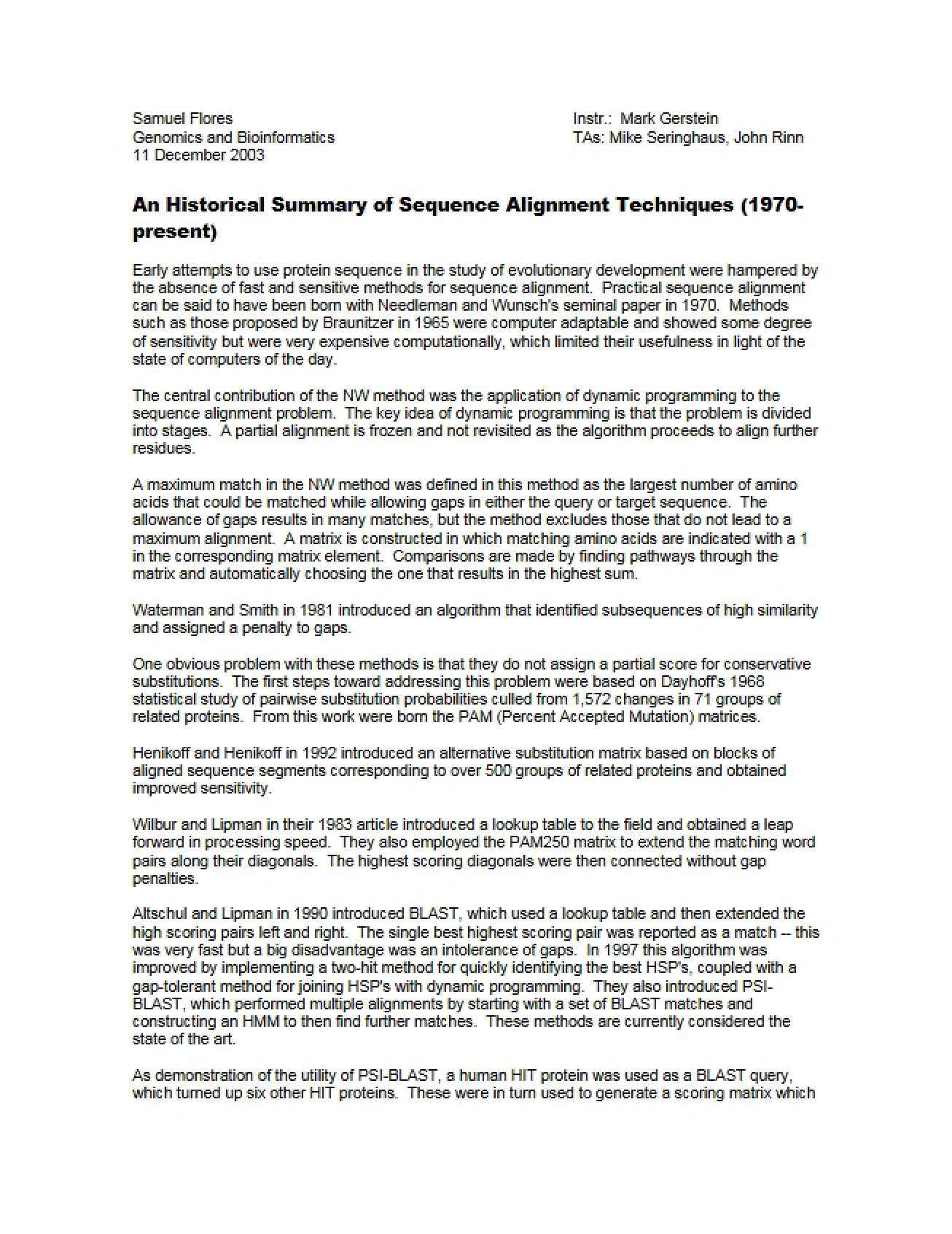 Sequence Alignment Techniques Historical Summary