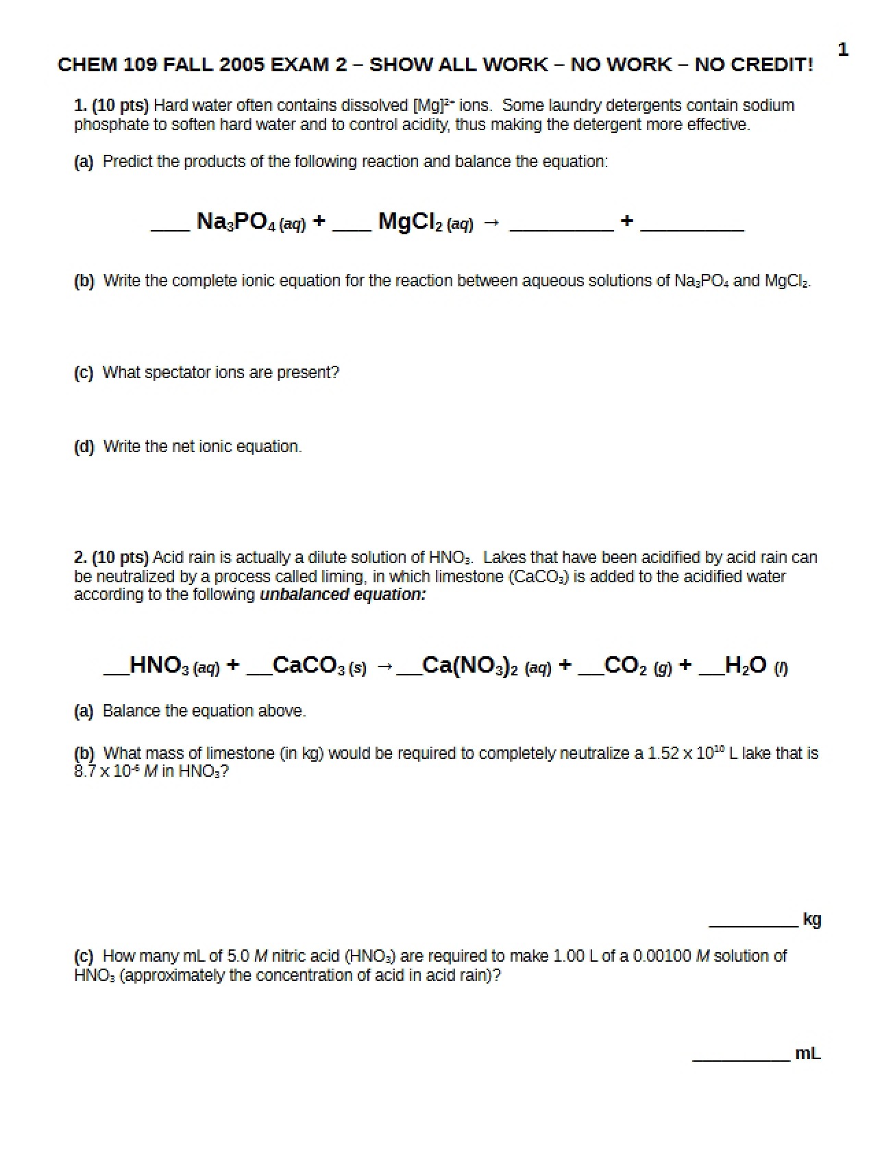 Exam Two for Chemistry