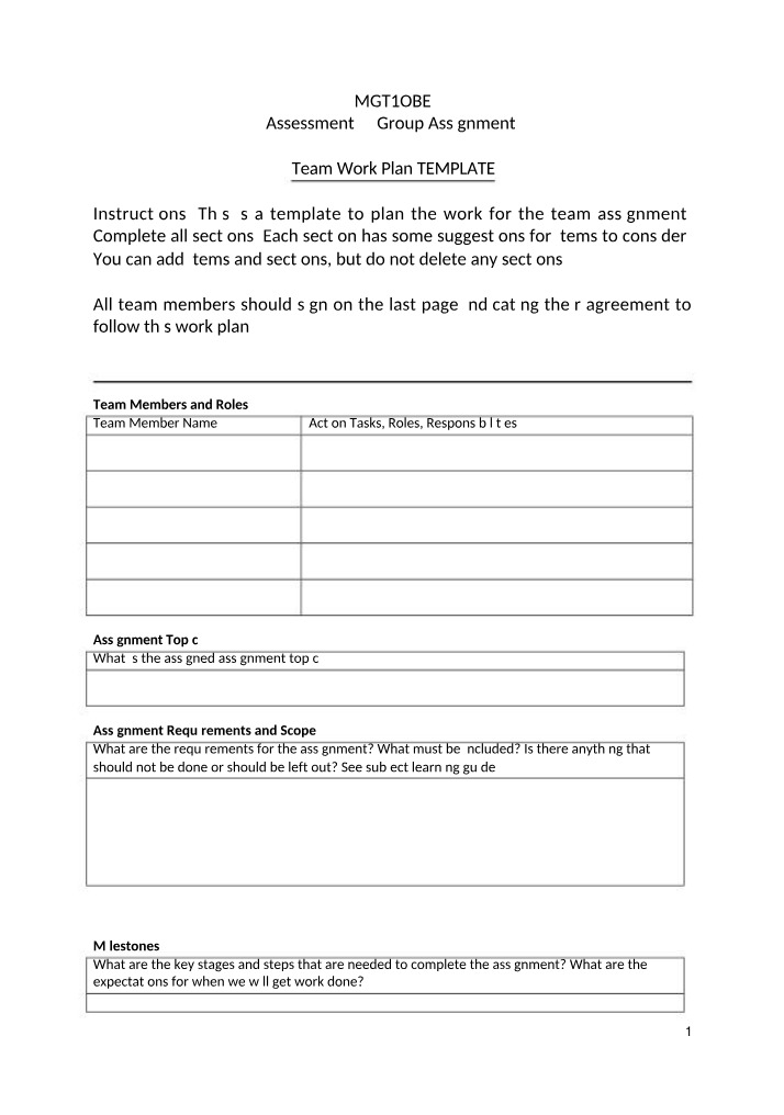 Work Plan Template for Team Assignment