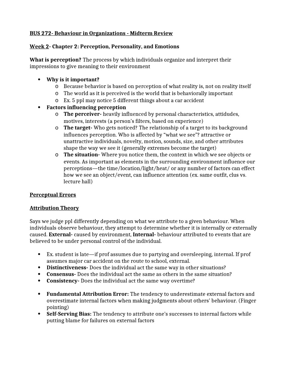 BUS 272 Midterm Review - Behavior in Organizations