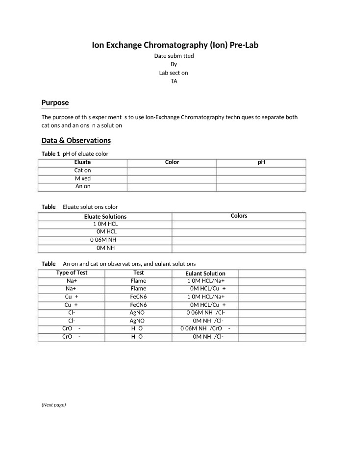 Pre-Lab for Ion Exchange Chromatography
