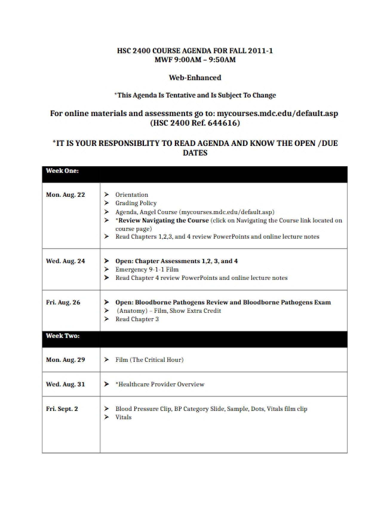 Agenda for Basic Emergency Care Course
