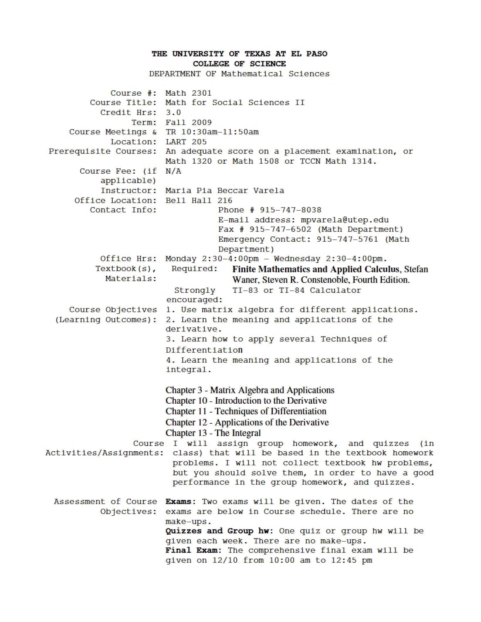 Math for Social Sciences II Syllabus