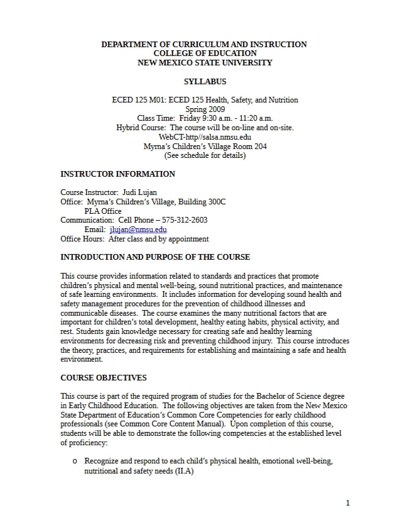 Syllabus for a Course on Health, Safety, and Nutrition in Early Childhood