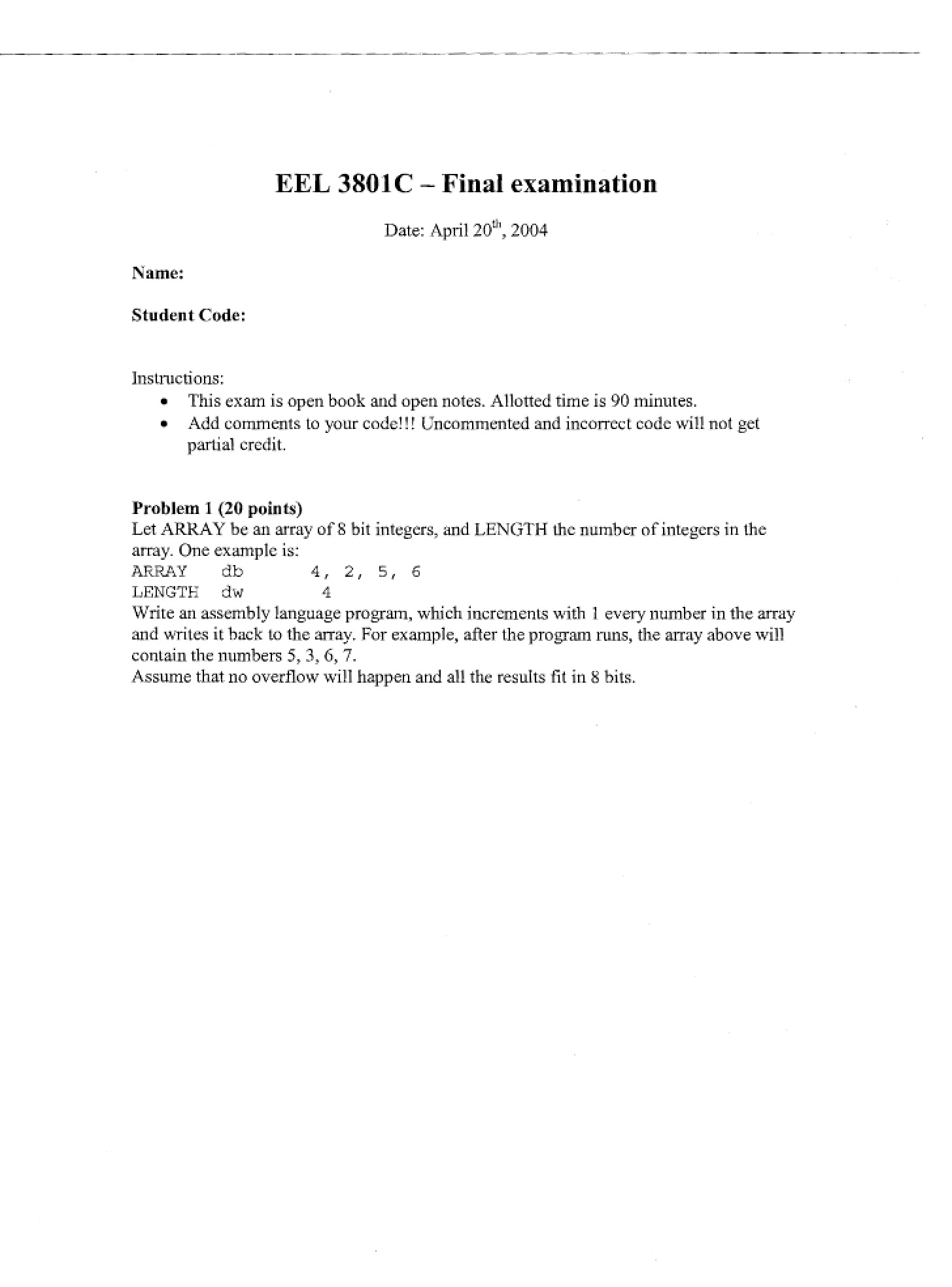 Final Exam for EEL 3801C