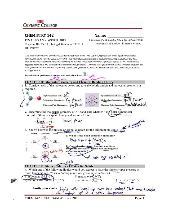 Molecular Geometry and Vapor - CHEM 142 Final Exam