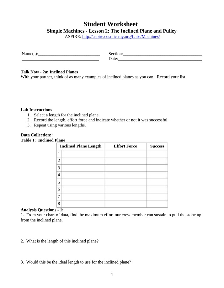 Analysis, Examples, and Graphs - The Inclined Plane and Pulley