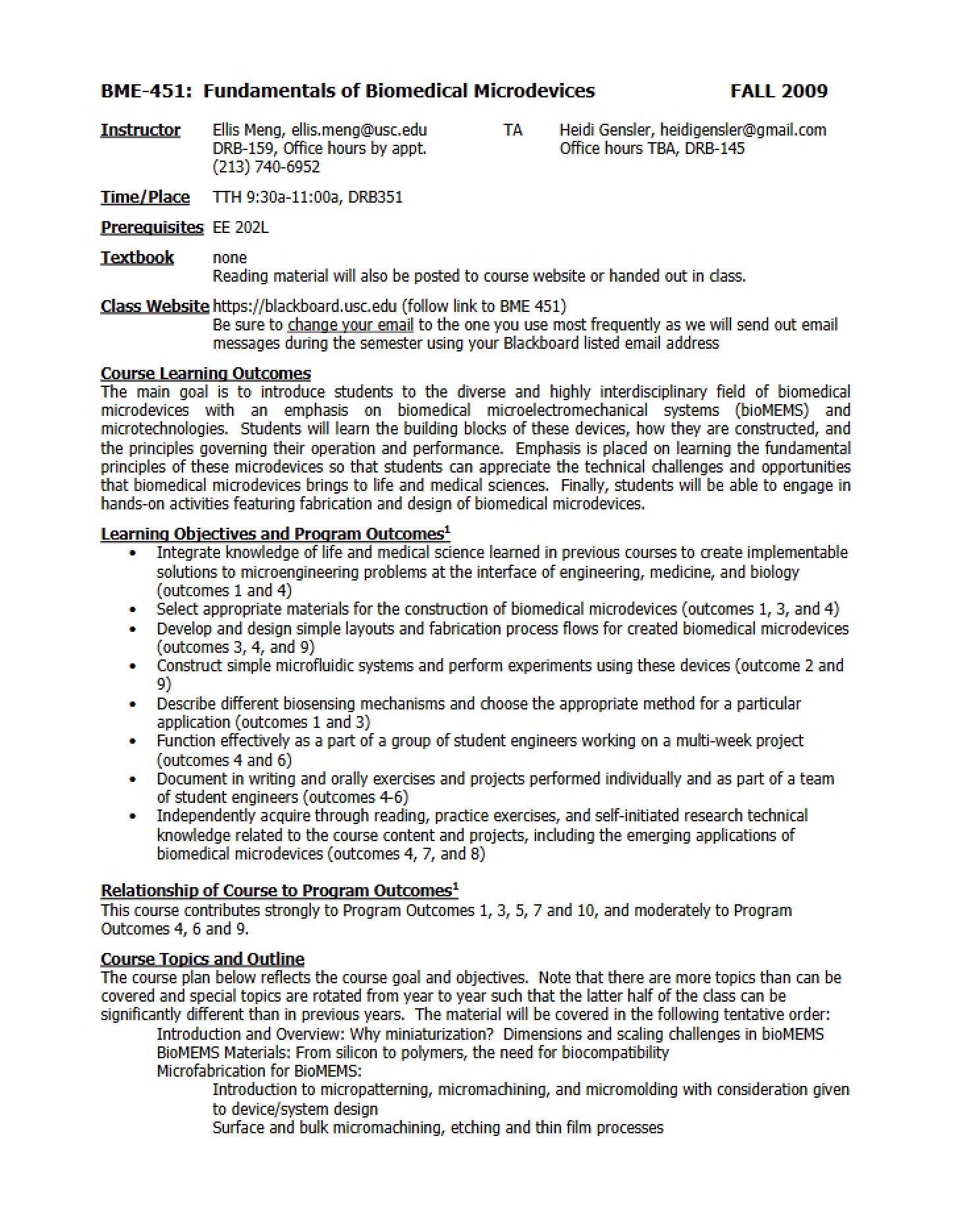 Syllabus for BME451 (Fall 2009)