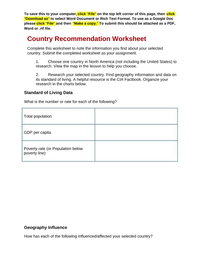 Worksheet for Country Recommendation