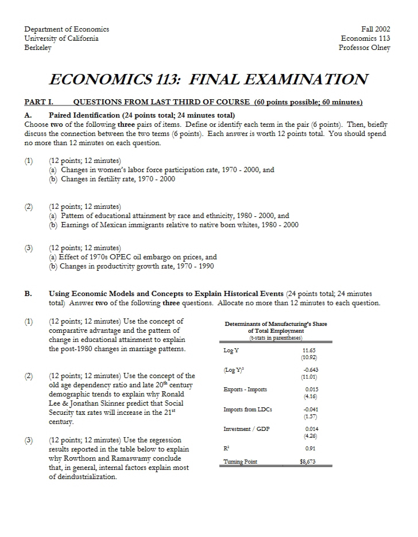 Final Exam (Economics 113)