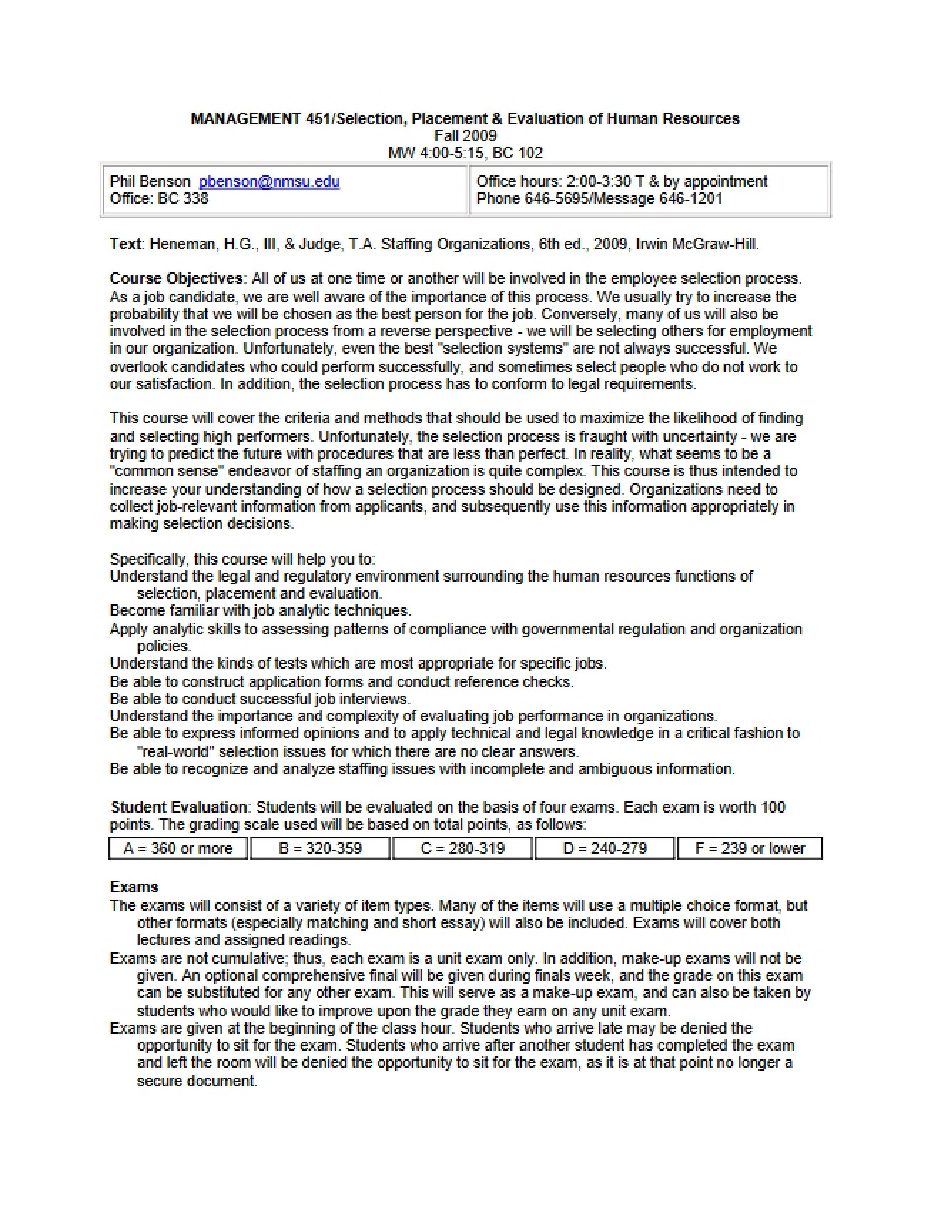 Selection and Placement Syllabus - Fall 2009 - Benson