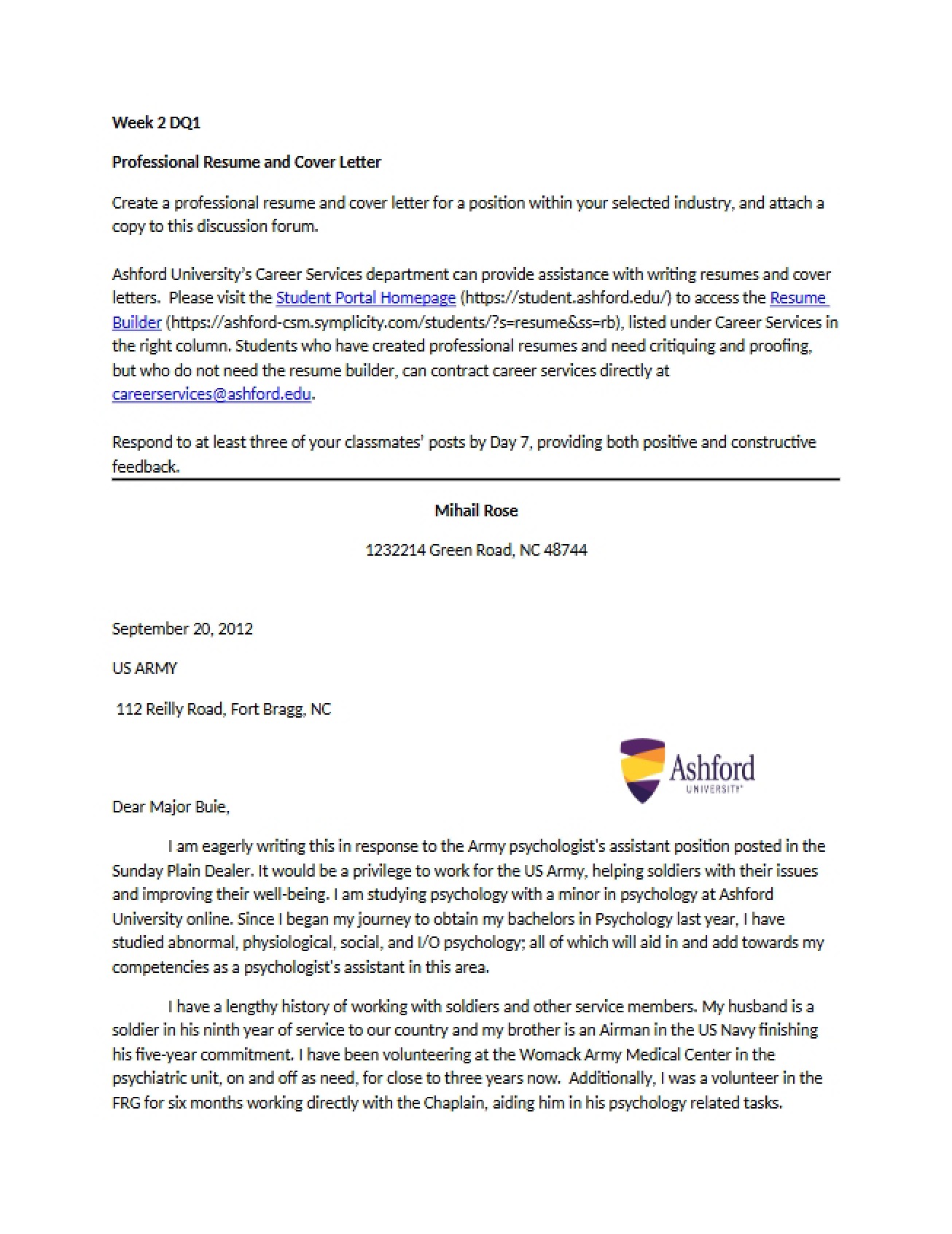Cover Letter and Professional Resume