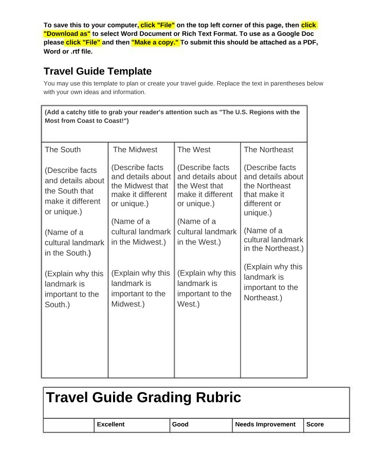 Travel Guide Template with Grading Rubric