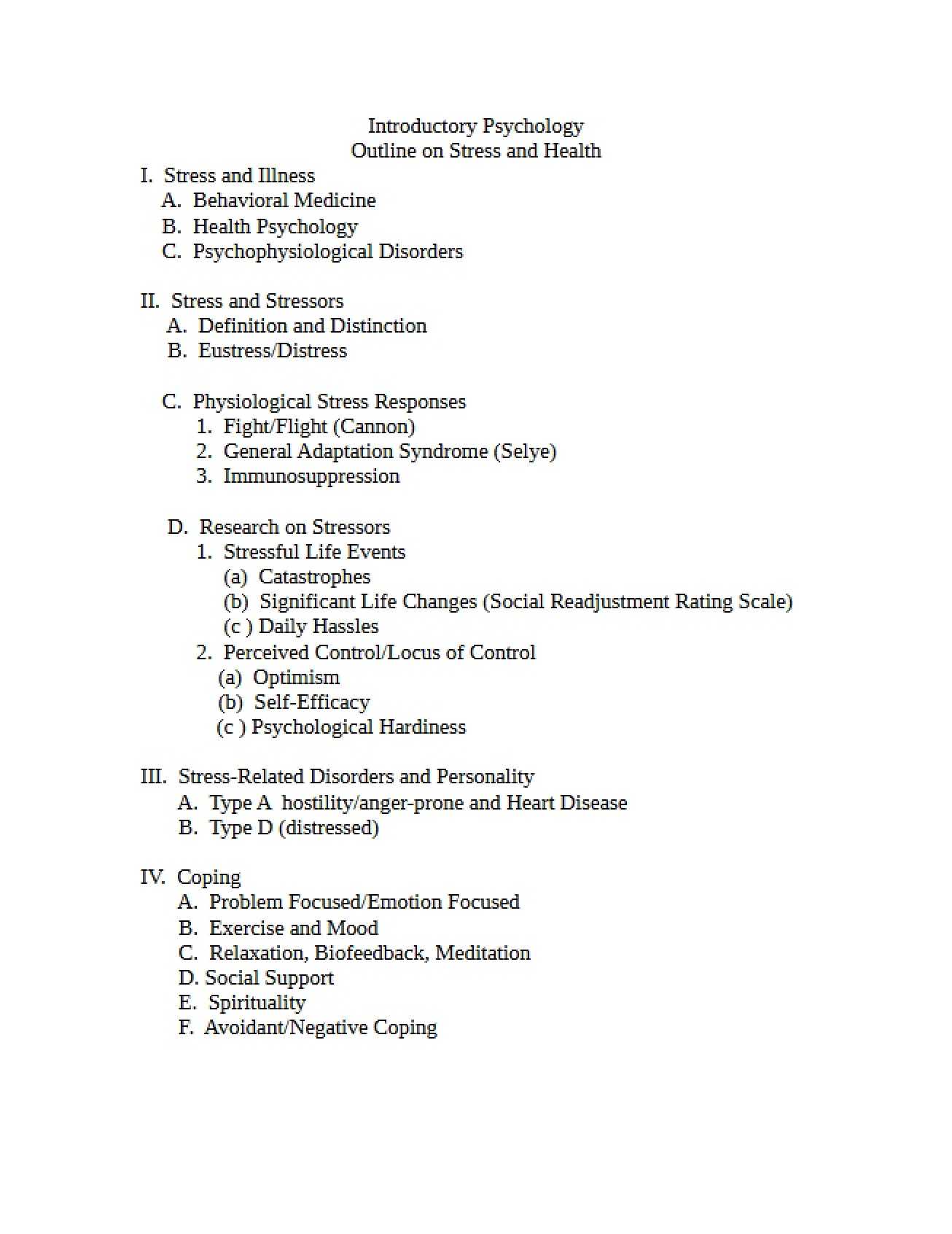 Outline on the Relationship Between Stress and Health