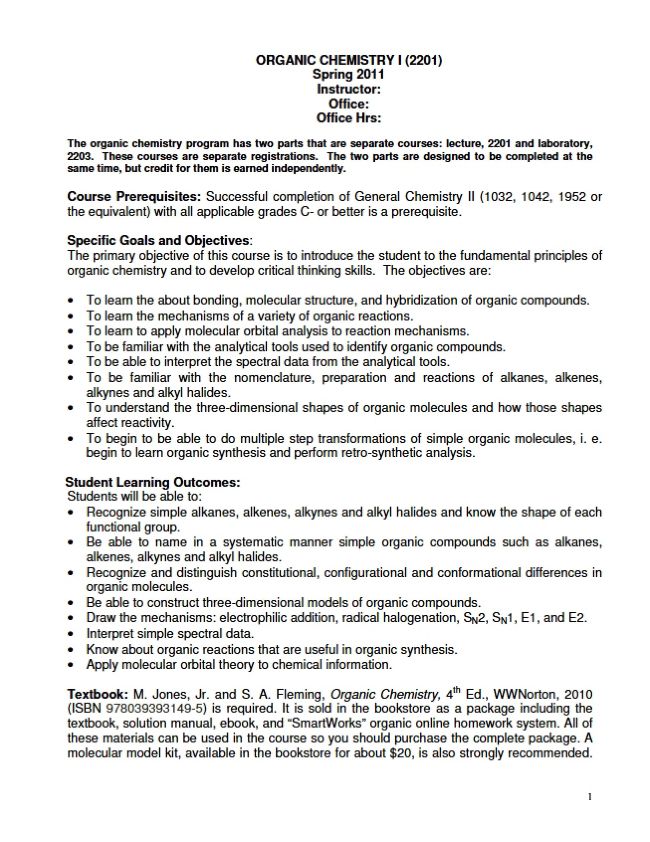 General Organic Chemistry I Syllabus