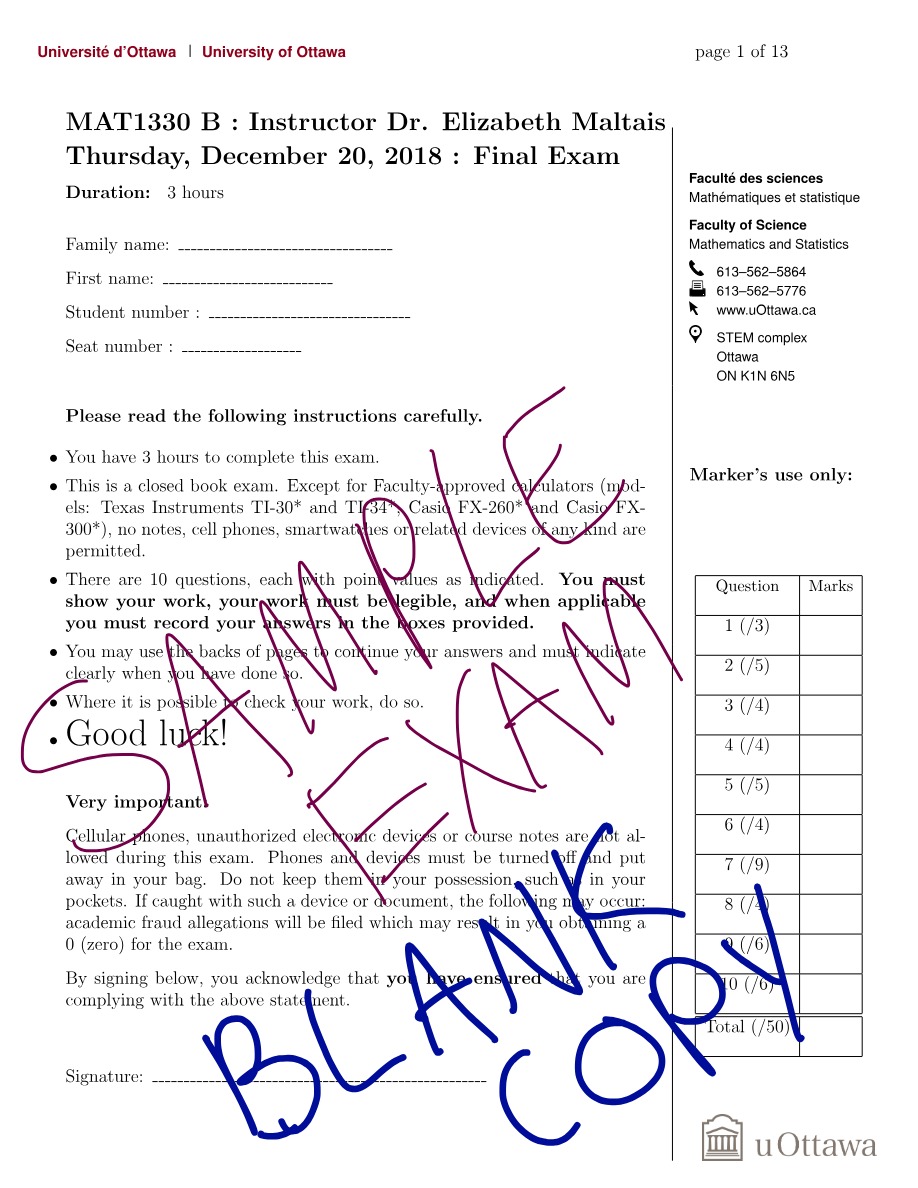 Final Exam for MAT1330 B