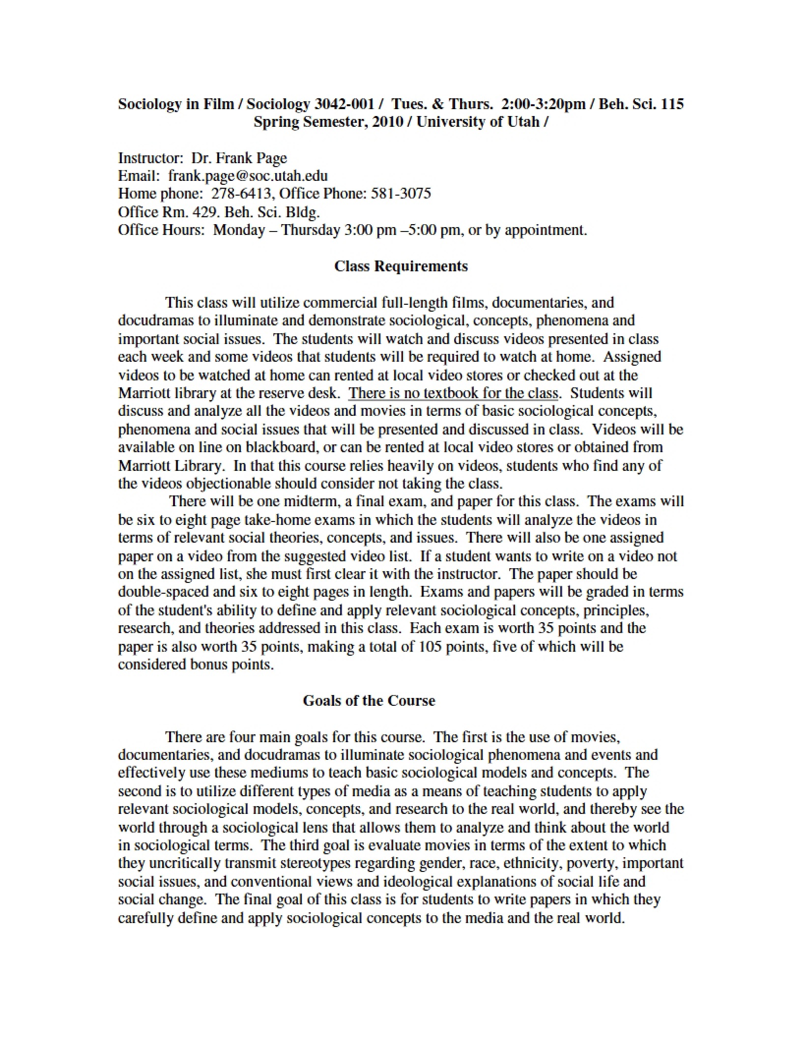 Sociology of Film Course Syllabus