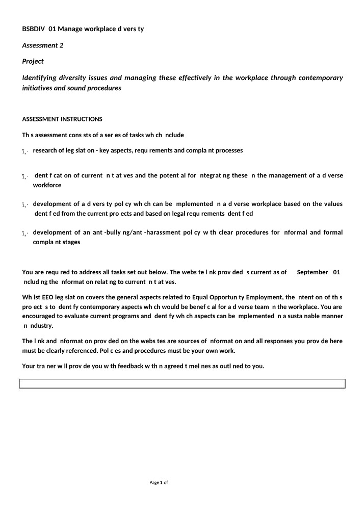 Workplace Diversity Assessment 2 - BSBDIV501 Project