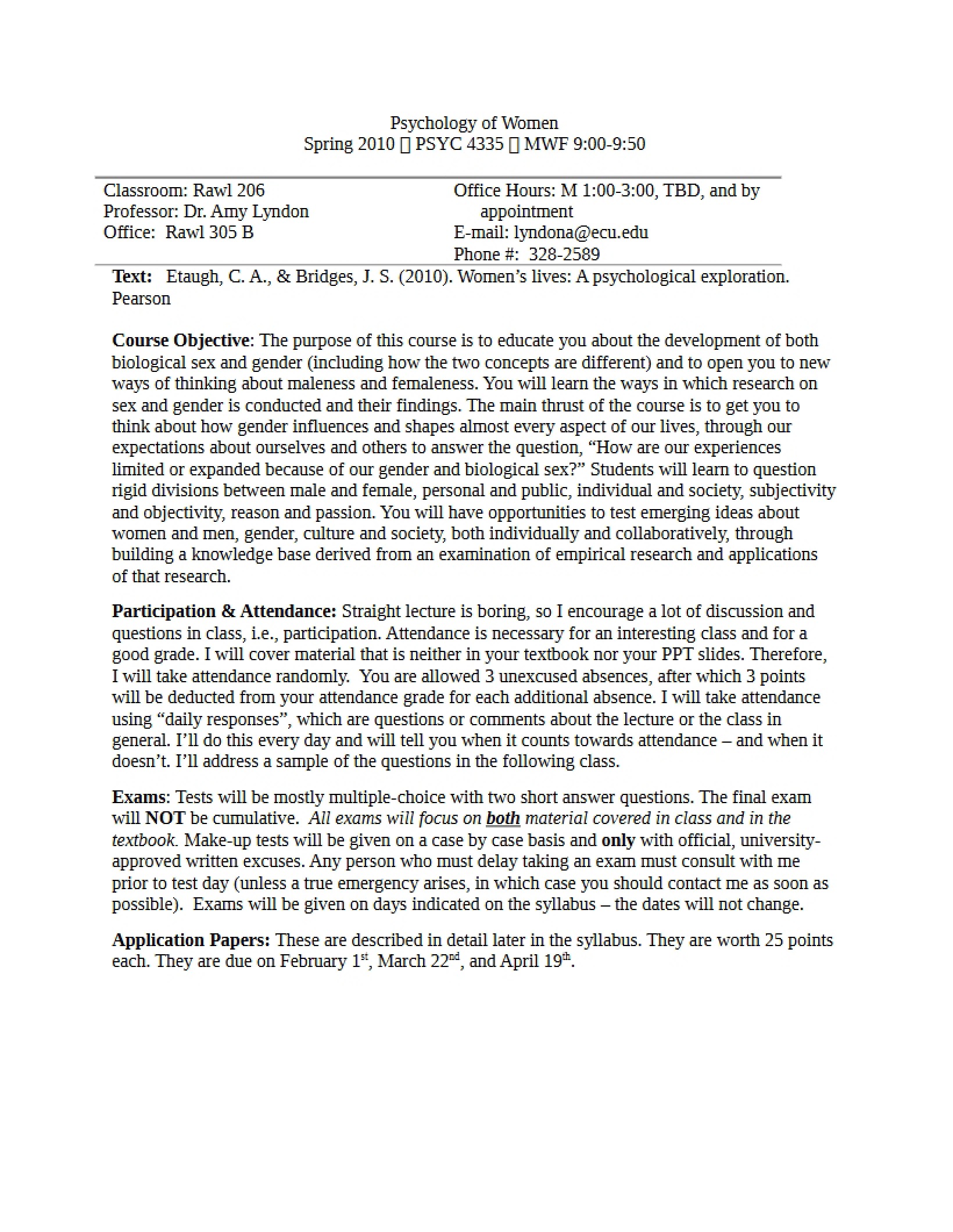 Psychology of Women Syllabus