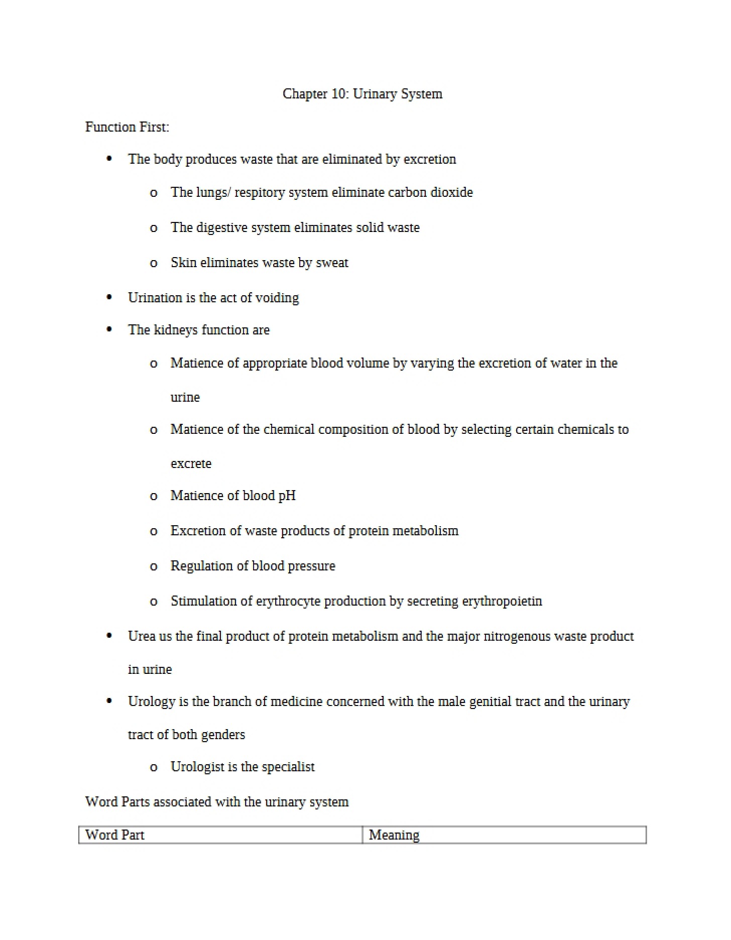 Urinary System (Chapter 10)