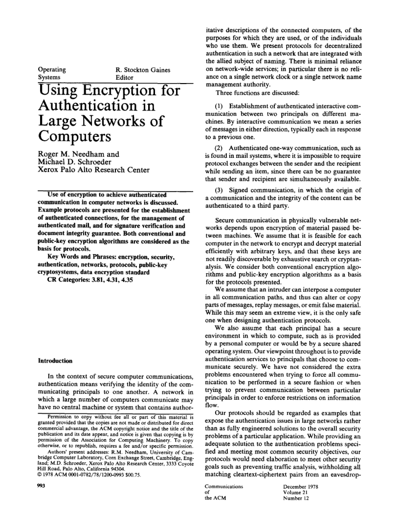 Encryption for Authentication in Large Networks