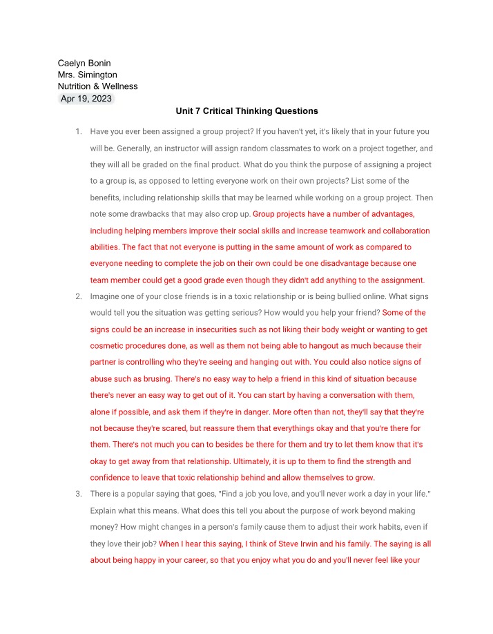 Critical Thinking Questions for Unit 7