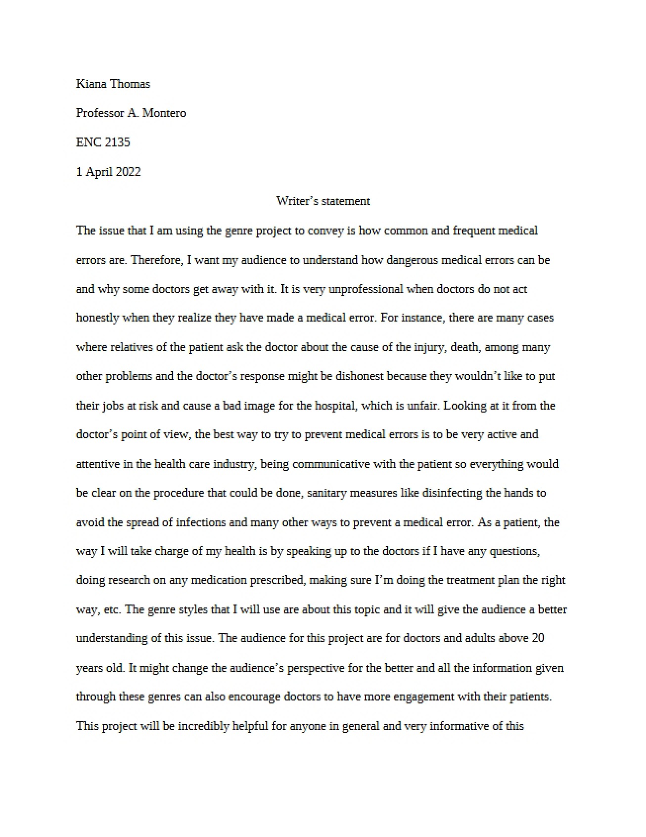 Statement from the Writer