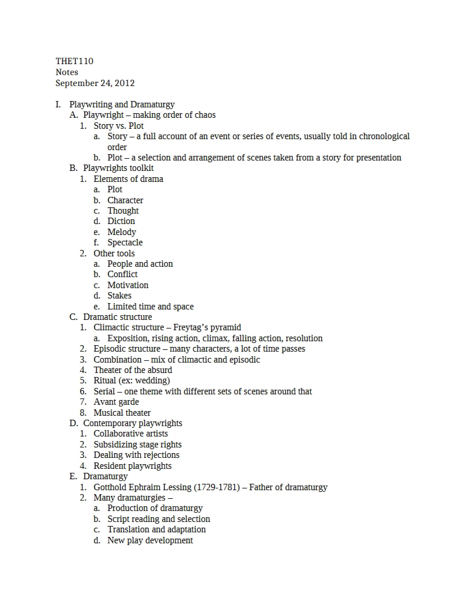 Course Notes - Introduction to the Theatre