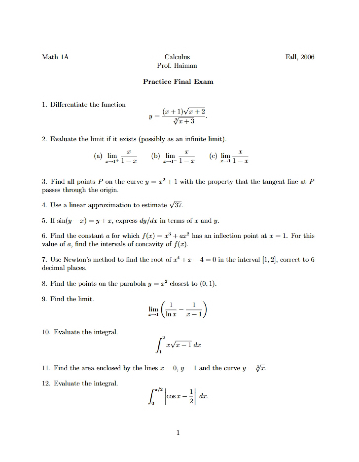 Practice Final Math 1A