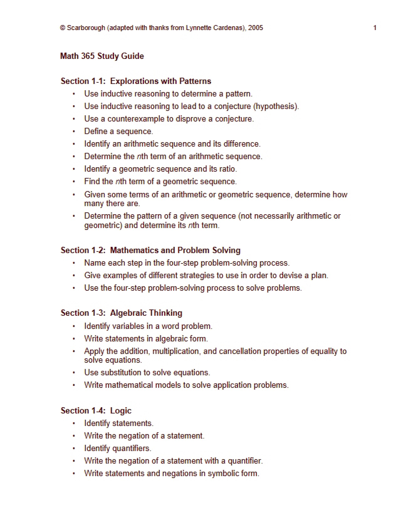 Study Guide for Math 365
